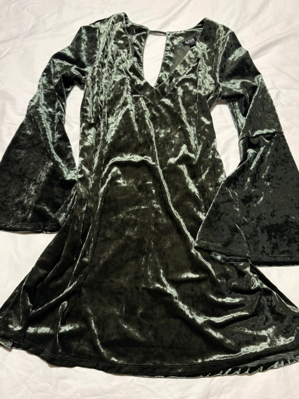 Vintage 2002 a.n.a Crushed Velvet Bell Sleeve Sage Green Mini Dress Y2K